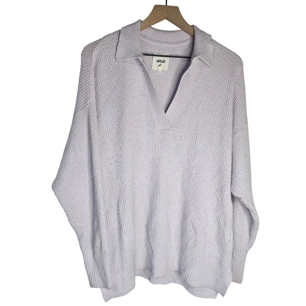 Aerie Waffle Knit Collared Sweater Women Small Purple V-Neck Relaxed Pastel Cozy